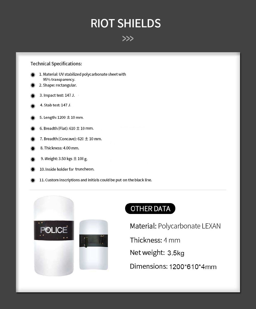 Rectangular UV Stabilized Polycarbonate Anti Riot Shield with 95% Transparency in Virgin ABS Material