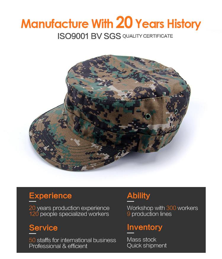 Promotional Outdoor Camo Hunterting Flat Top Soldier Hat Cap